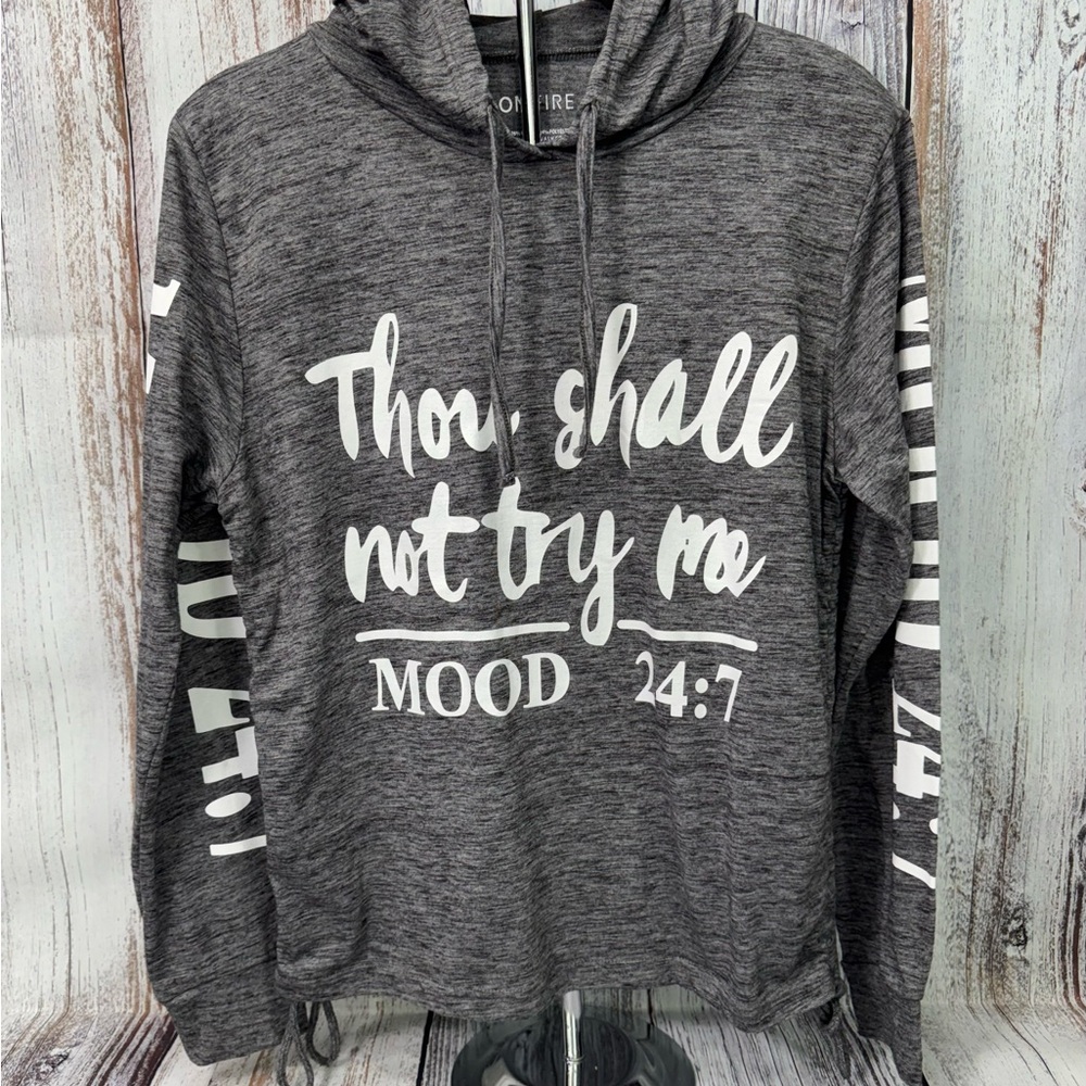 On Fire Gray L/S Hoodie with White Text and Cinching Sides. Size Large